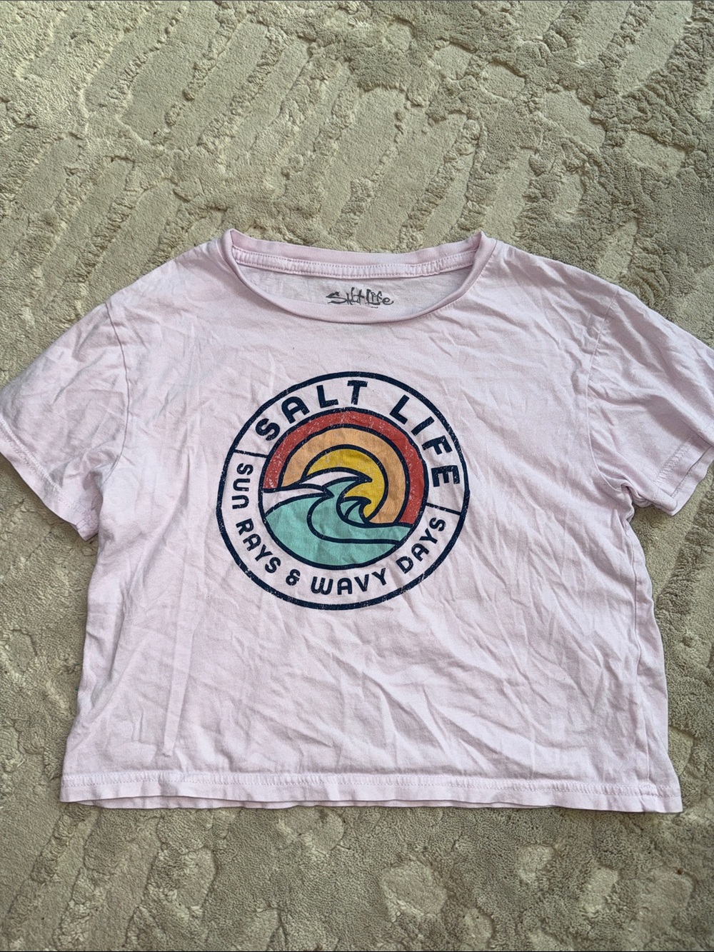 Salt Life Pink Crop Tee with Multicolor Surf Graphic youth medium